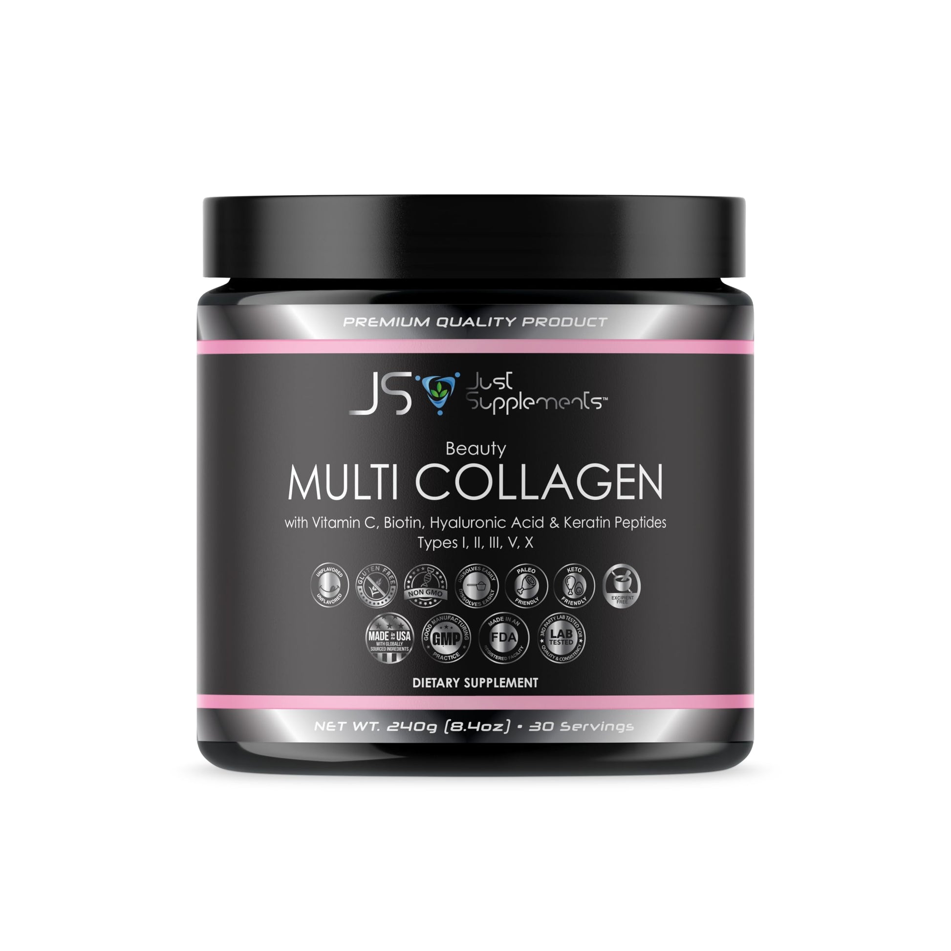 JS JUST SUPPLEMENTS Beauty Multi Collagen with Vitamin C, Biotin, Hyaluronic Acid & Keratin Peptides, Type I, II, III, V, X Powder, 8.4 oz