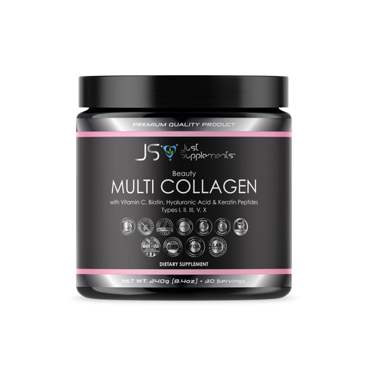 JS JUST SUPPLEMENTS Beauty Multi Collagen with Vitamin C, Biotin, Hyaluronic Acid & Keratin Peptides, Type I, II, III, V, X Powder, 8.4 oz