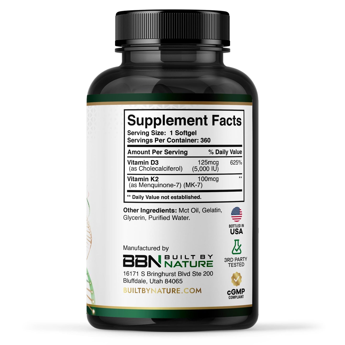 Built by Nature Vitamin D3 K2, 5000 IU + 100 mcg MK-7 Softgels, 360 Count