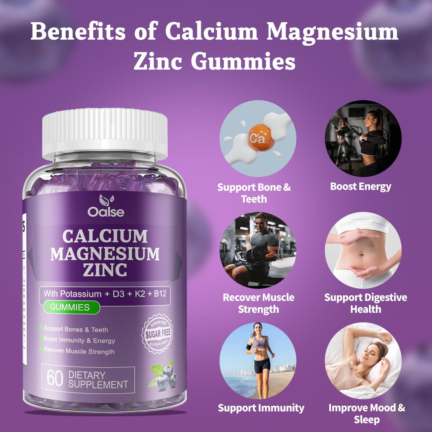 OALSE Calcium Magnesium Zinc Gummies with Vitamin D3 & K2-High Absorption Magnesium Glycinate-Muscles, Immune & Sleep Support-Sugar Free- Blueberry Flavored, 60 Gummies