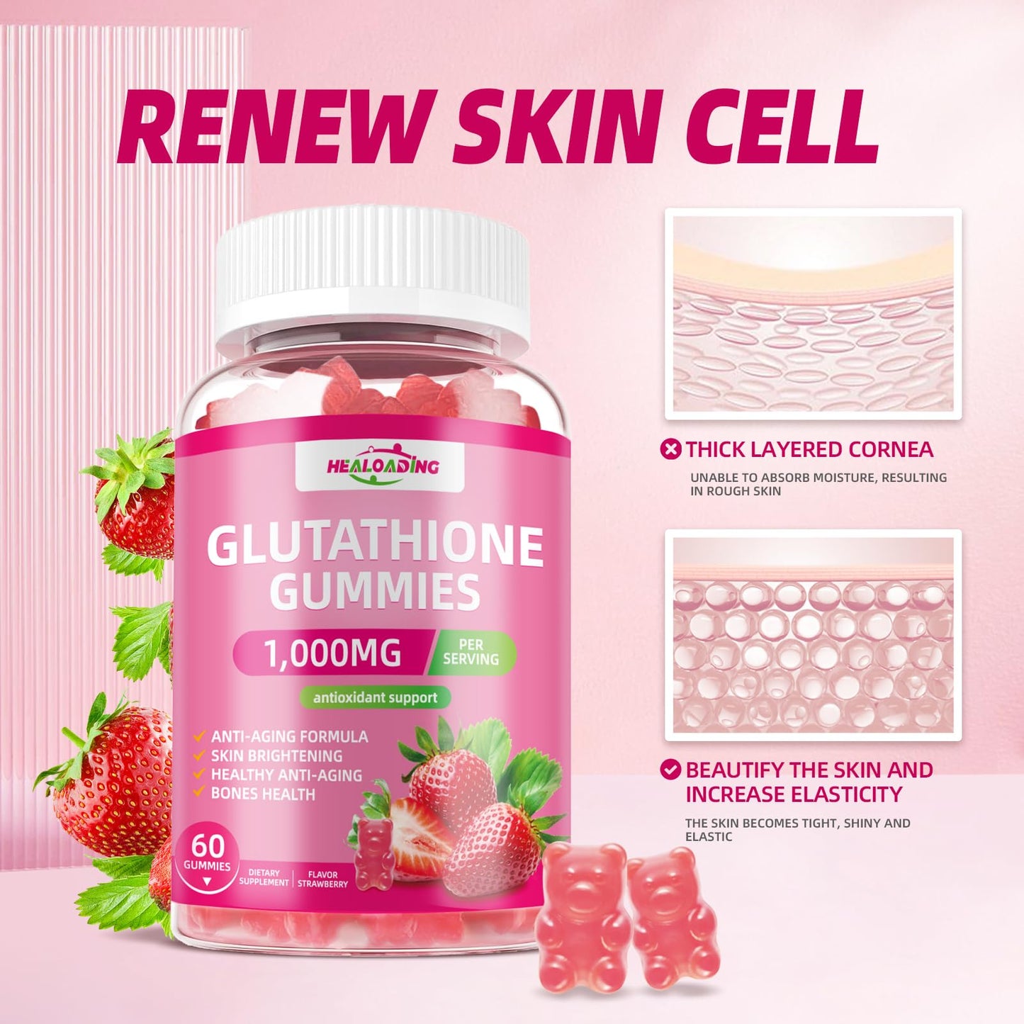 HEALOADING Glutathione Gummies 1000mg with Collagen & L-Glutamine, Vitamins C, E, D & B12, 60 Count