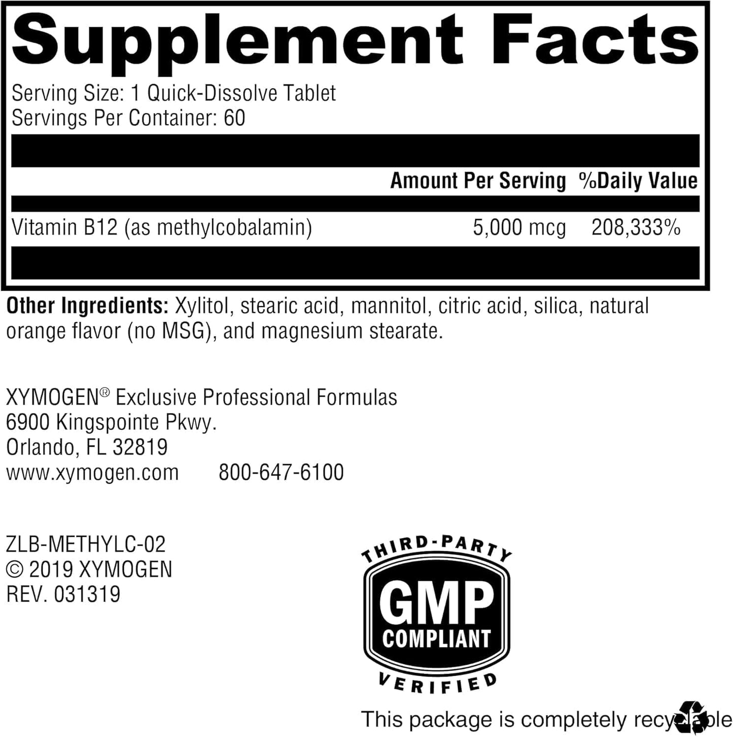 XYMOGEN Methylcobalamin 5 mg Vitamin B12 Tablet, 60 Count