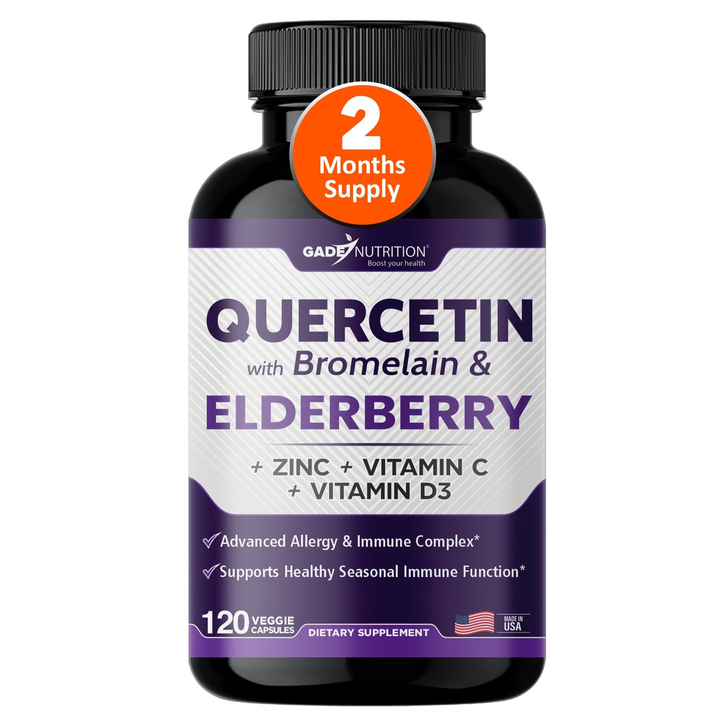 GADE NUTRITION BOOST YOUR HEALTH Quercetin with Bromelain Elderberry Vitamin C and Zinc Sambucus Immune Support Capsule 120 Count
