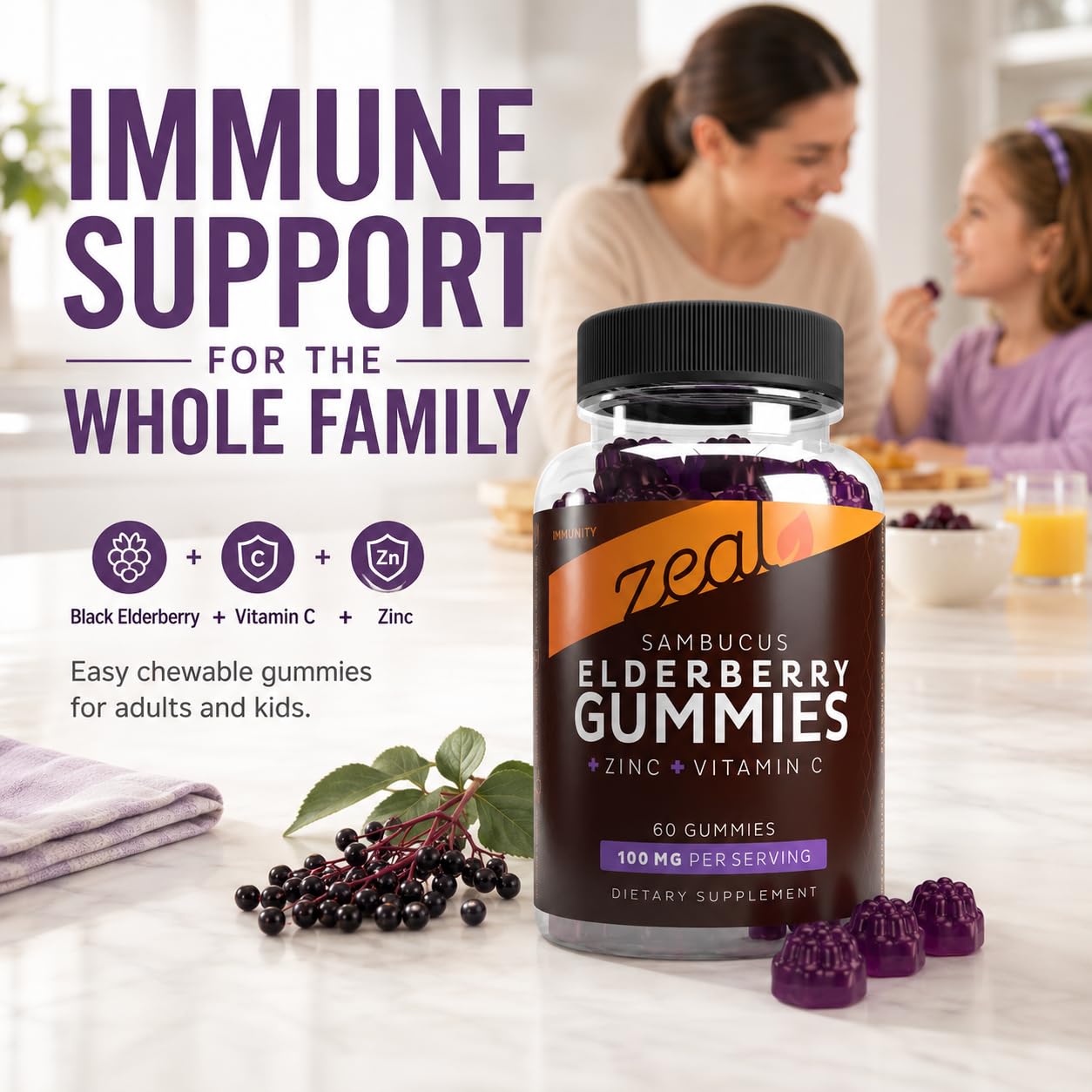 Zeal Naturals Sambucus Elderberry Gummies with Zinc and Vitamin C, 60 Count