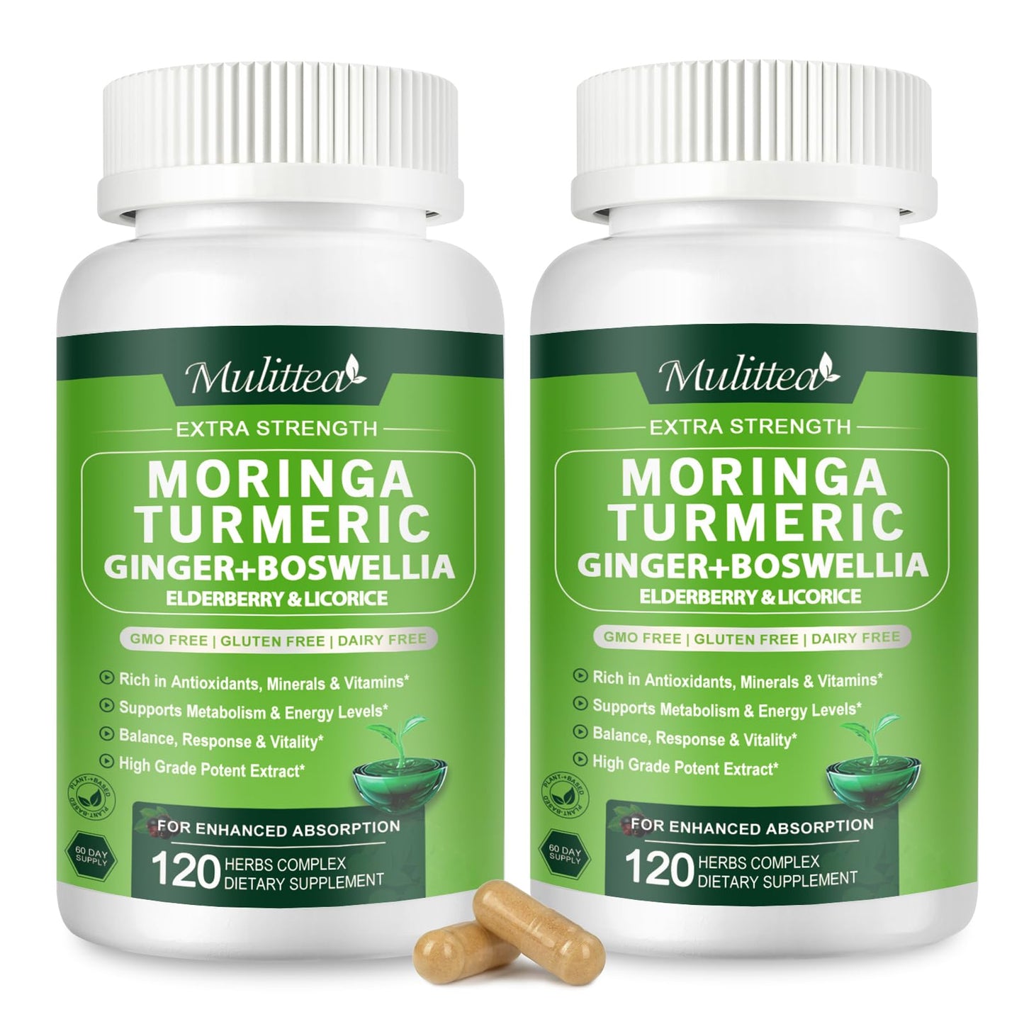 Mulittea Moringa Capsules Organic 1000mg, 7-in-1 Superfood with Turmeric, Ginger, Elderberry, Licorice & Boswellia - Immune, Skin, Gut & Antioxidant Support, Vegan, 240 Capsules