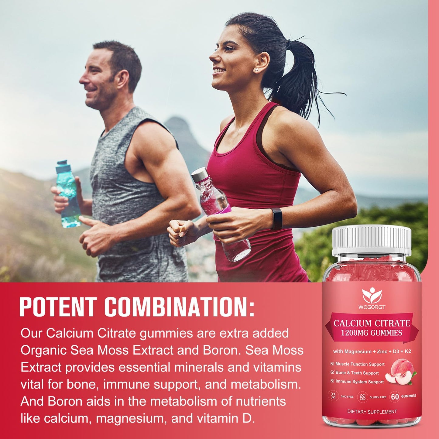 WOGORGT Calcium Citrate 1200mg Gummies with Vitamin D3 K2, Chewable Calcium Magnesium Zinc with Sea Moss Extract for Bone, Teeth, Immune Support, White Peach Flavor, 60 Gummies