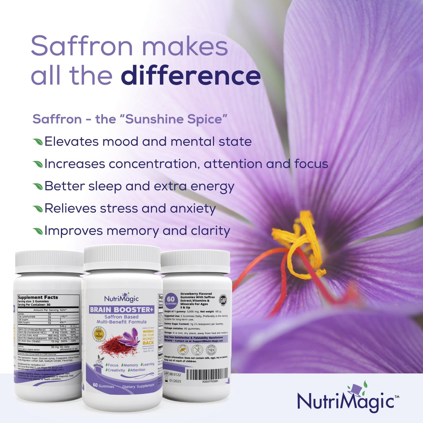 NutriMagic Kids Brain Booster+ 30mg Pure Saffron Extract Gummies, 60 Count