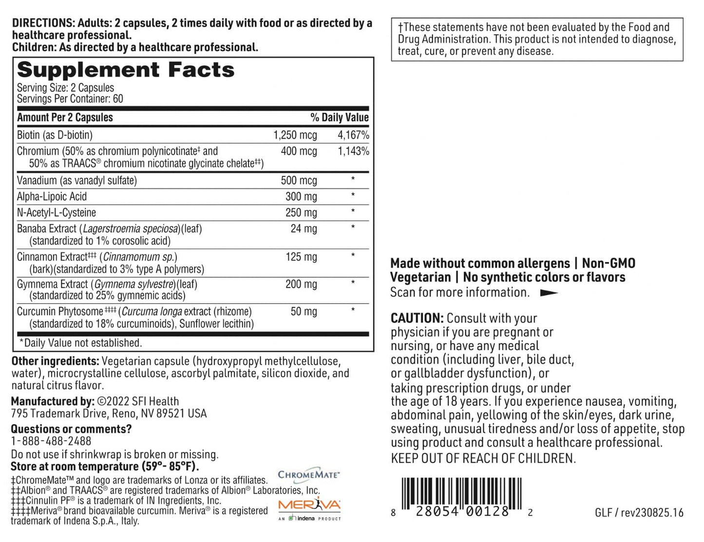 SFI Health GlucoThera Forte - Chromium Complex with 250 mg ALA, Turmeric & Cinnamon, Dairy-Free Capsules, 120 Count