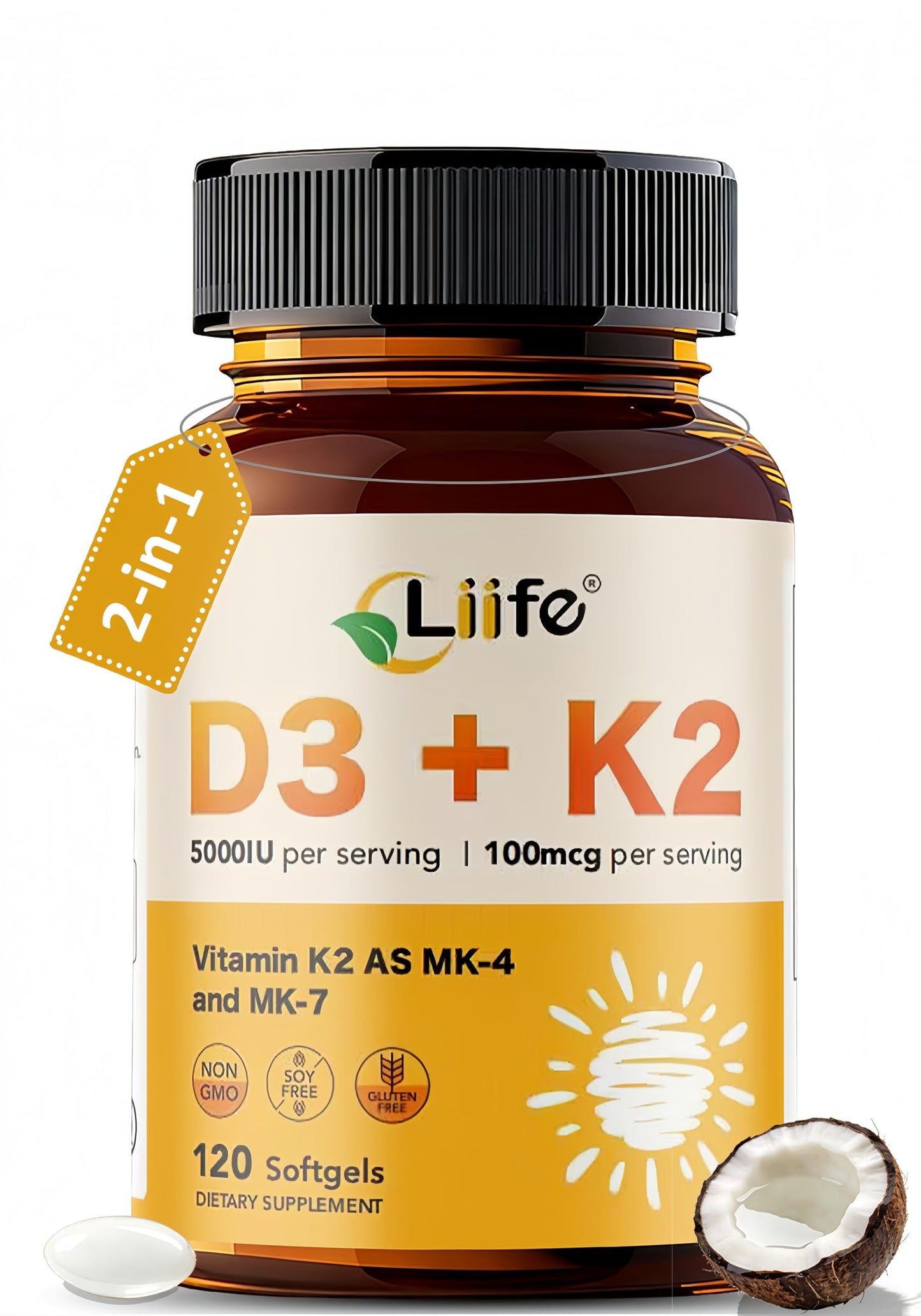 LIIFE Vitamin D3 + K2 (5000 IU D3 / 100mcg MK7 and MK4) Supplement for Immune Support, Bone & Heart Health Softgels 120