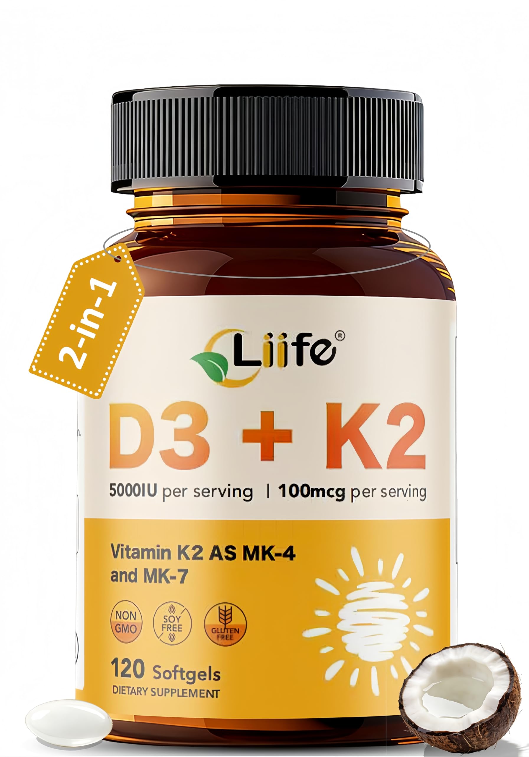 LIIFE Vitamin D3 + K2 (5000 IU D3 / 100mcg MK7 and MK4) Supplement for Immune Support, Bone & Heart Health Softgels 120