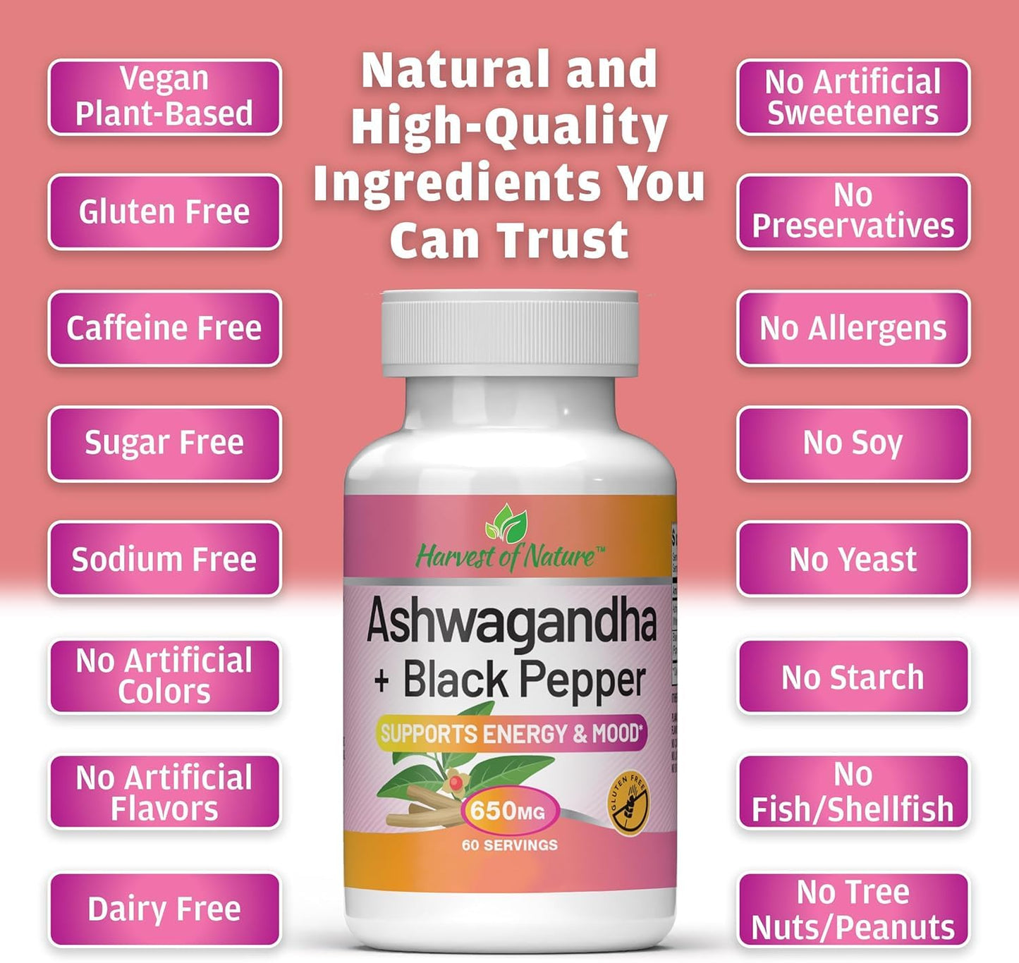 Basic Brands Harvest of Nature Ashwagandha and Black Pepper - Cortisol Reducer, Great for Relaxation, Focus, Mood Support - 120 Capsules