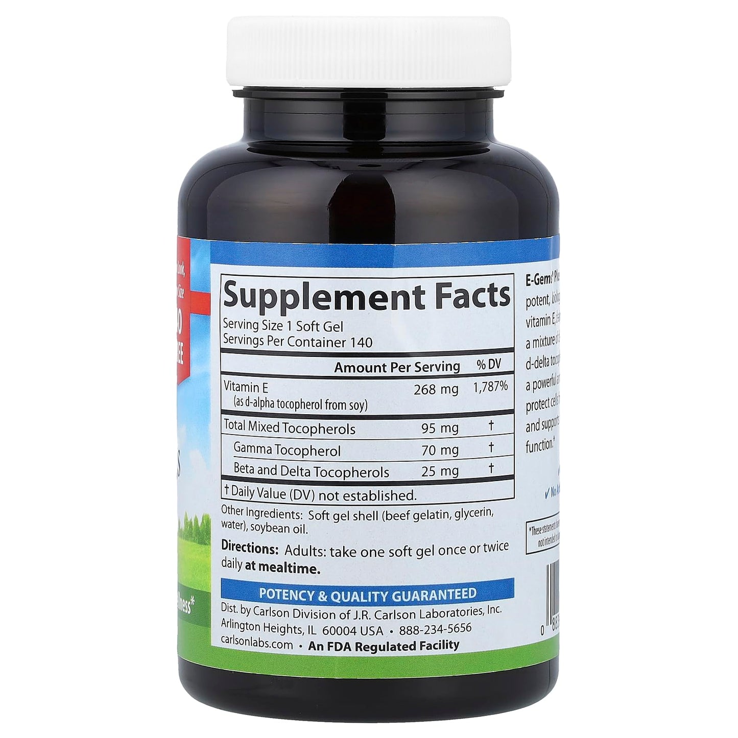 Carlson E-Gems Plus 400 IU Natural-Source Vitamin E Soft Gels, 140 Count