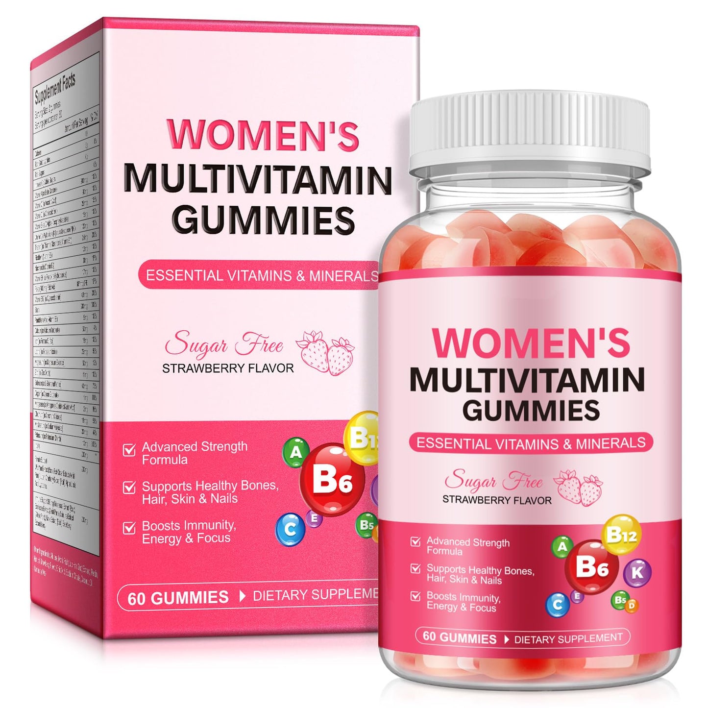YLXYZUAD Women's Multivitamin Gummies with Iron, Inositol, Zinc, Biotin, Vitamin A, C, D3, E, K2, B12 - Sugar Free, Vegan, Strawberry Flavored, 60 Count