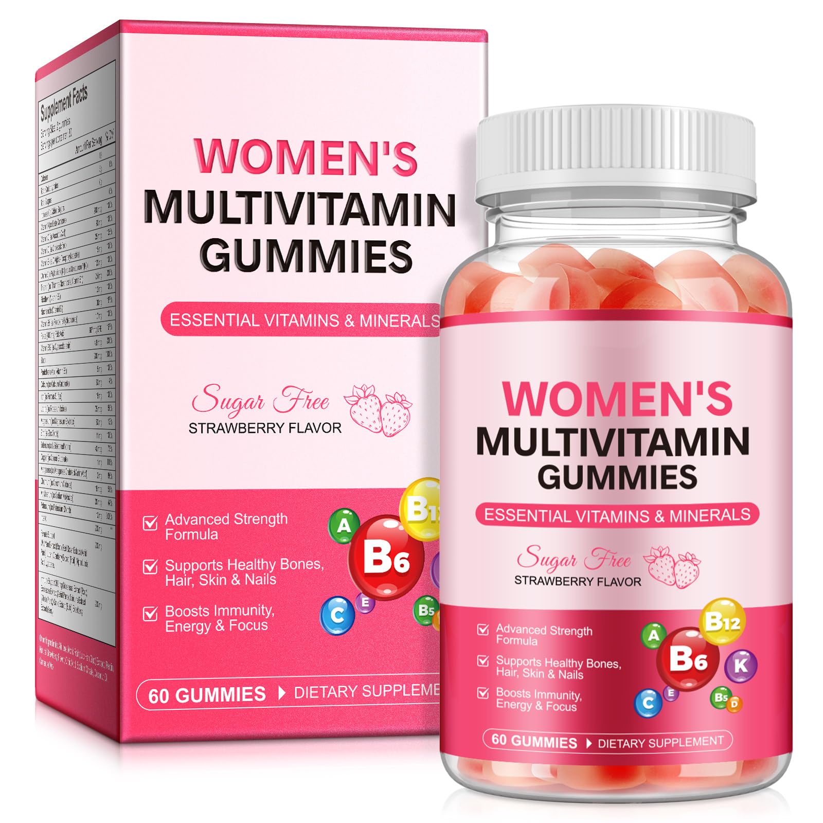 YLXYZUAD Women's Multivitamin Gummies with Iron, Inositol, Zinc, Biotin, Vitamin A, C, D3, E, K2, B12 - Sugar Free, Vegan, Strawberry Flavored, 60 Count