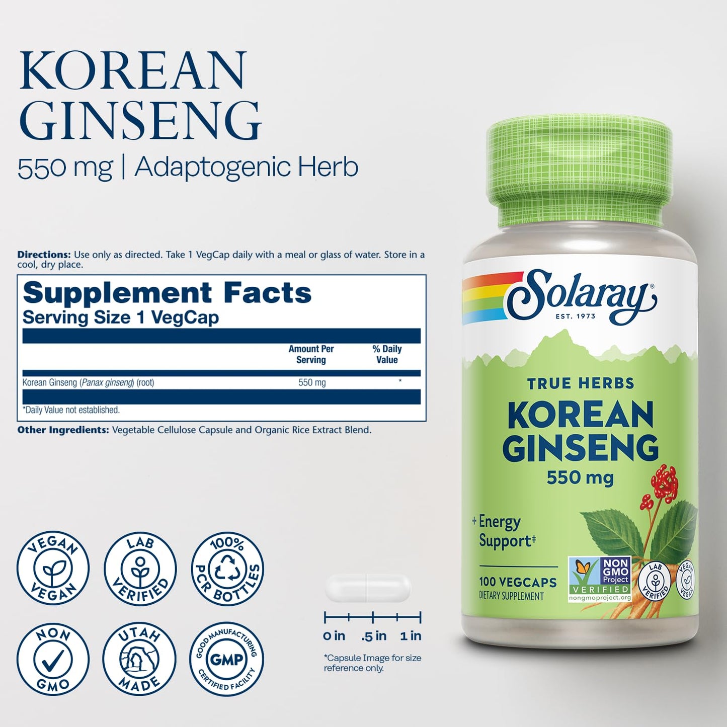 SOLARAY Korean Ginseng 550 mg Capsules, 100 Count