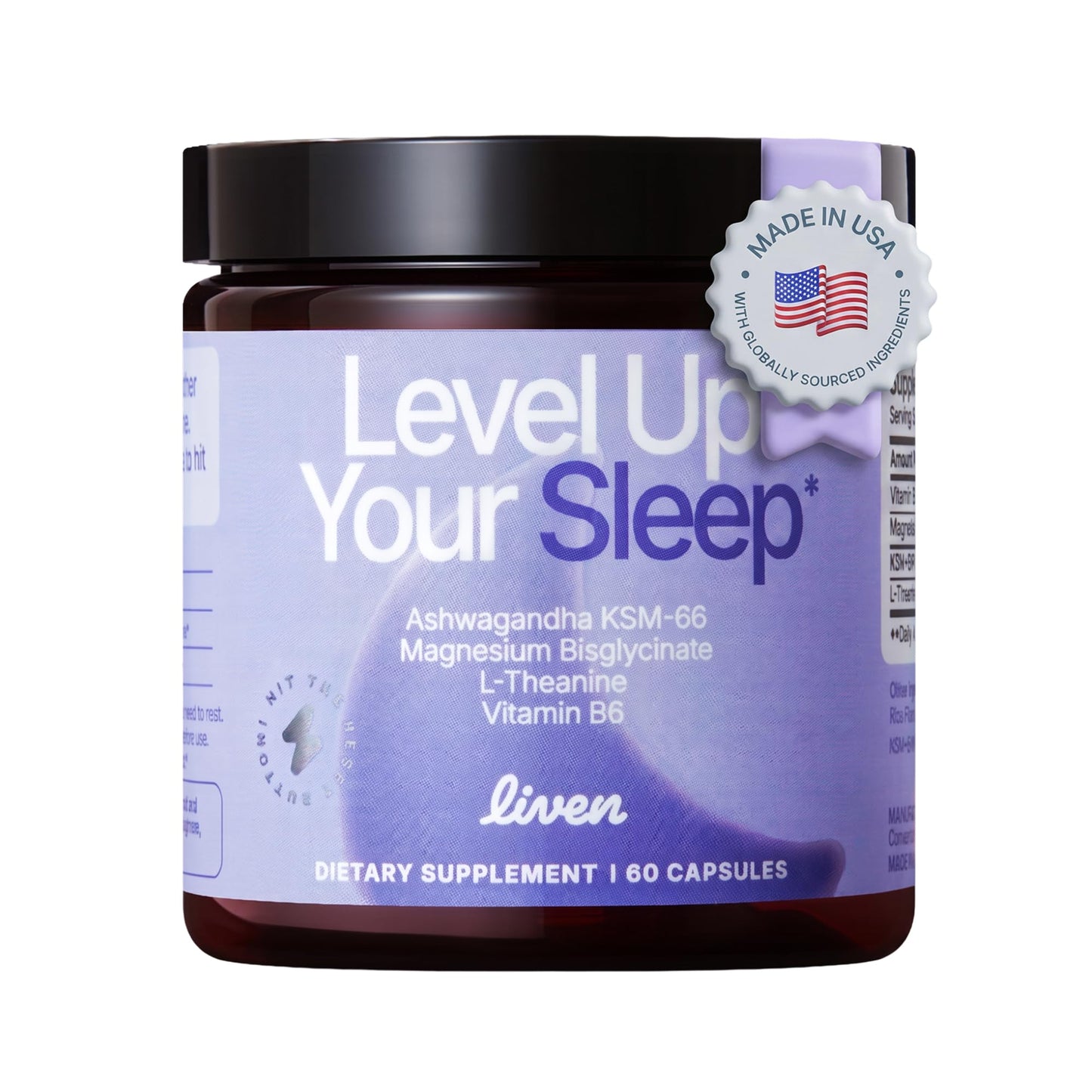LIVEN SUPPLEMENTS Level Up Your Sleep - Magnesium, Ashwagandha, L-Theanine & Vitamin B6 – Daily Balance & Calm Support, 60 Capsules