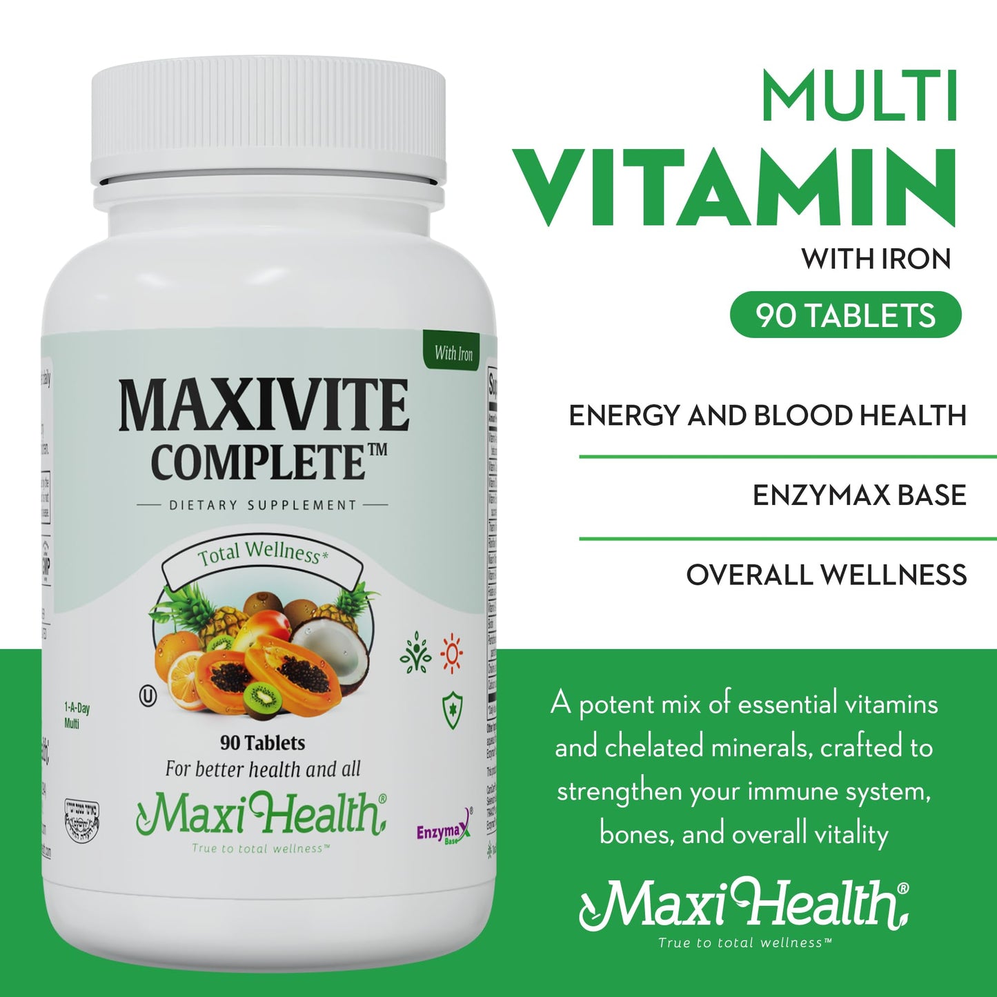 Maxi Health Complete Once Daily Multivitamin for Men & Women with Iron, Vitamin A, B1, B2, B3, B6, B12, C, D3, E, Zinc, 90 Tablets