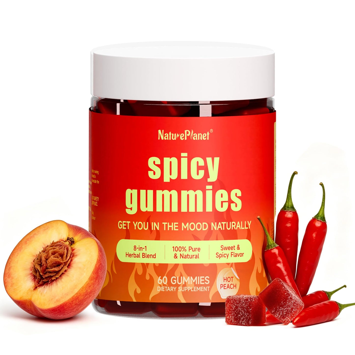 NaturePlanet Spicy Gummies Mood & Stress Support with L-Theanine, Saffron, Ashwagandha, Epimedium, Muira Puama, Maca, Hot Peach Flavor, 60 Gummies