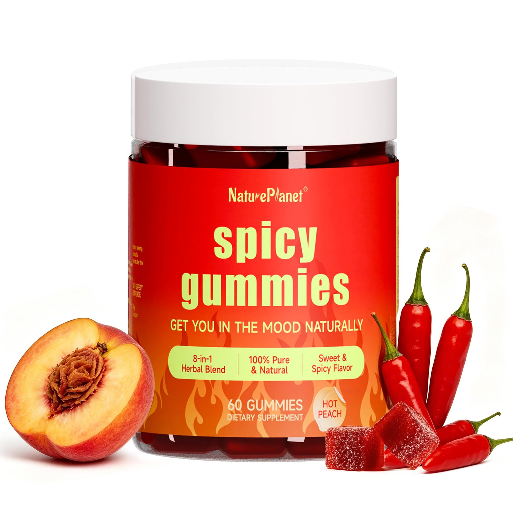 NaturePlanet Spicy Gummies Mood & Stress Support with L-Theanine, Saffron, Ashwagandha, Epimedium, Muira Puama, Maca, Hot Peach Flavor, 60 Gummies