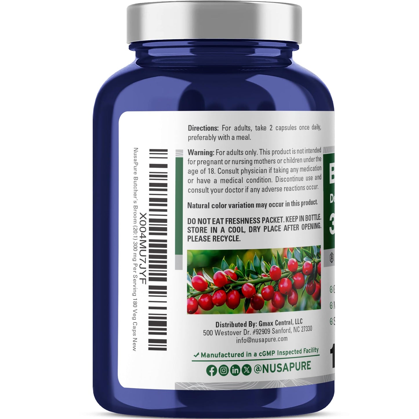 NusaPure Butcher's Broom Root 300mg Capsules, Non-GMO, Vegan, 180 Count