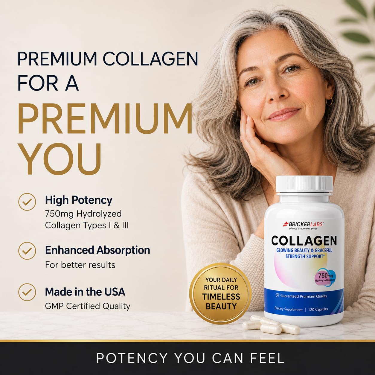 Bricker Labs Collagen for Men & Women - Type I, III Hydrolized Collagen Supplement 750mg Capsule 120 Servings