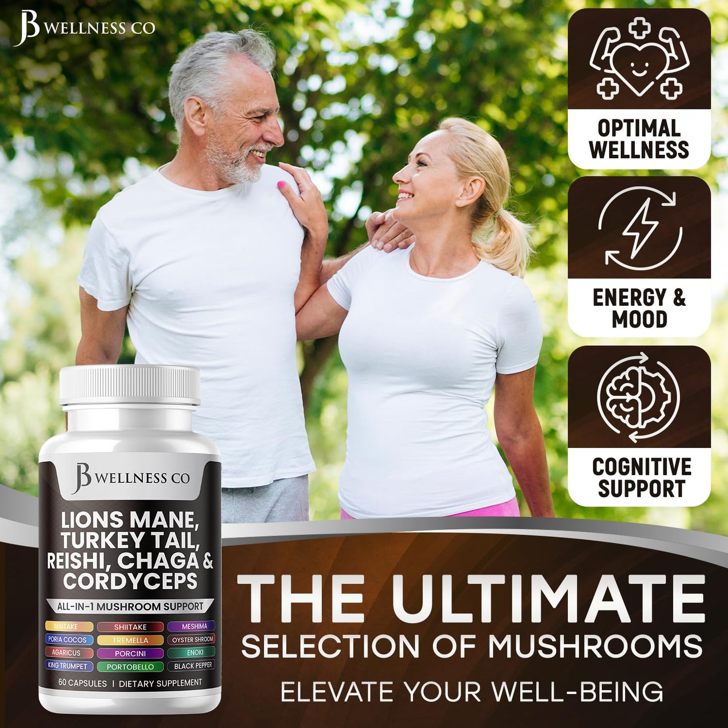 JB Wellness Co Lions Mane Supplement Cognitive Support, Immune Health with Turkey Tail 20in1 Mushroom Reishi Cordyceps Chaga with Marshmallow Root Capsules 120