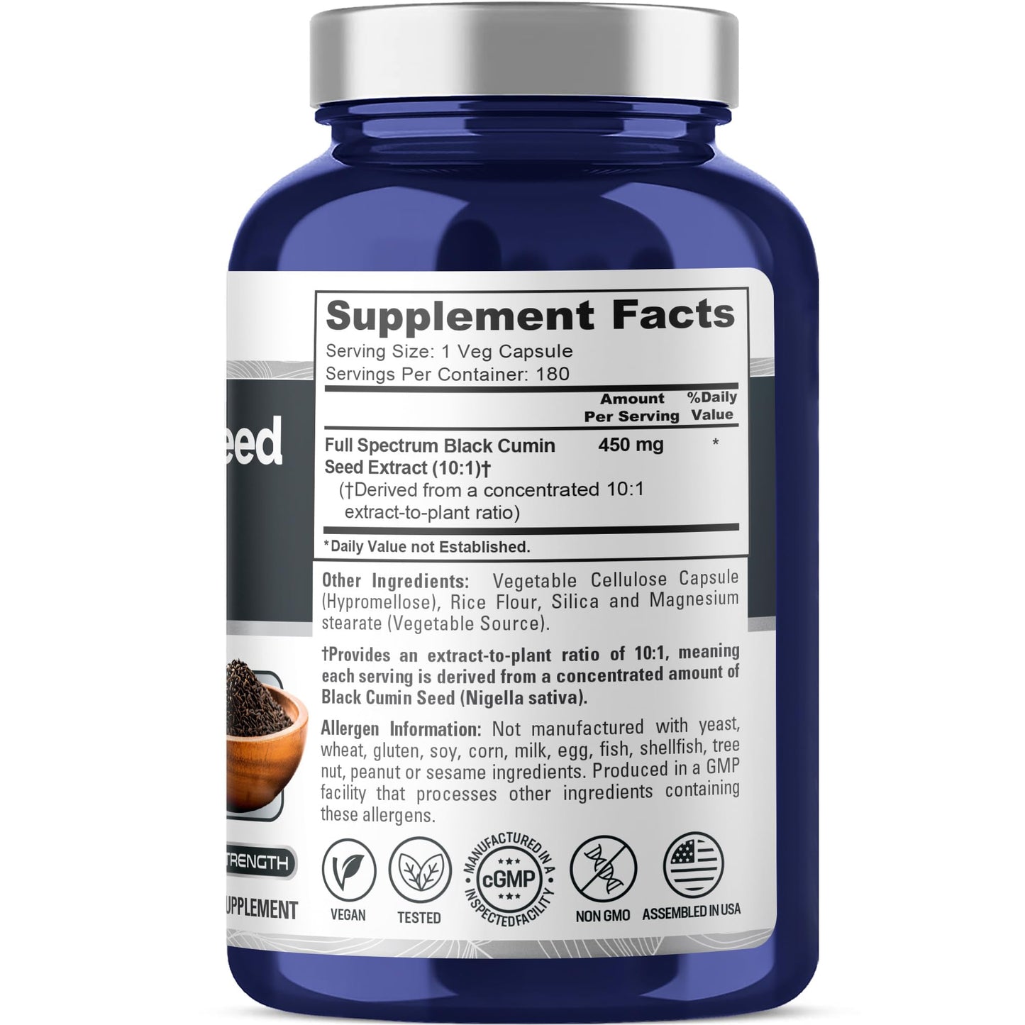NusaPure Black Cumin Seed 450mg Veg Capsules, 180 Count
