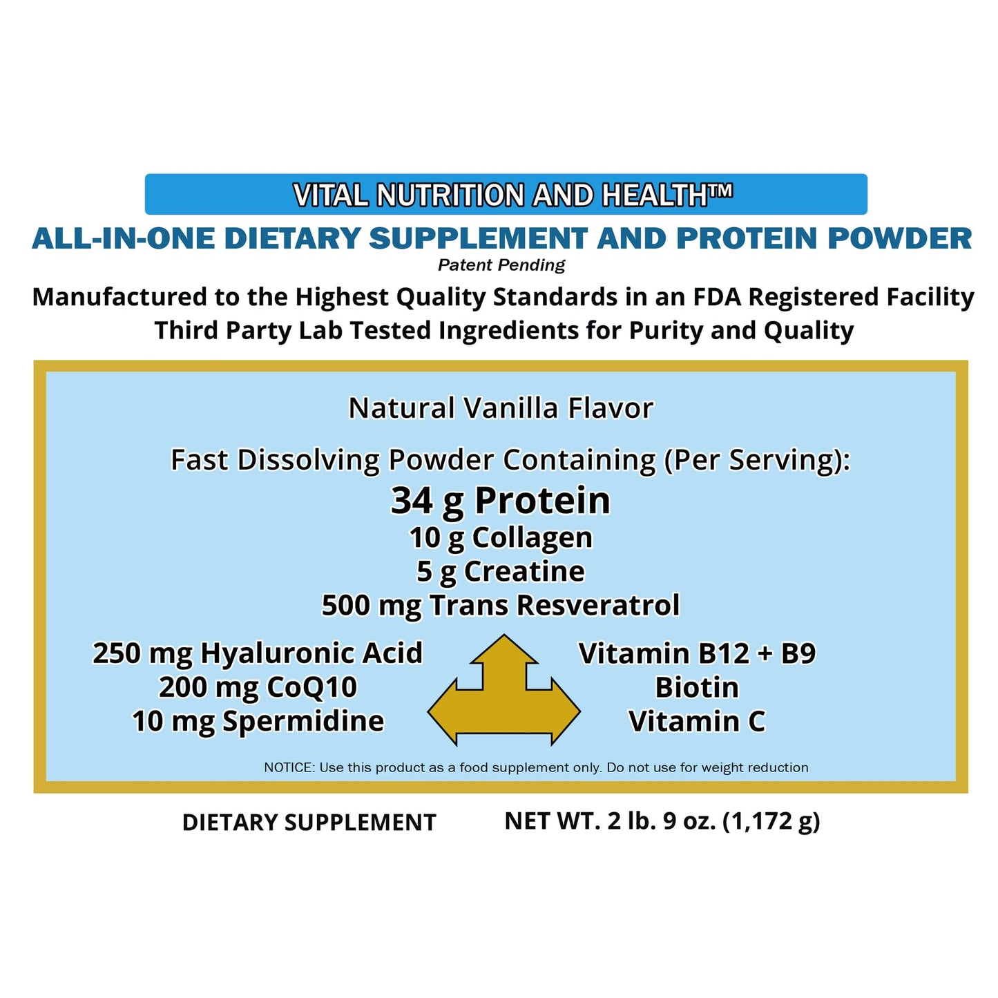 Vital Nutrition and Health All-in-One Powder: Protein, Collagen, Creatine, Resveratrol, Spermidine, Hyaluronic Acid, CoQ10 + Key Vitamins, 41 Servings