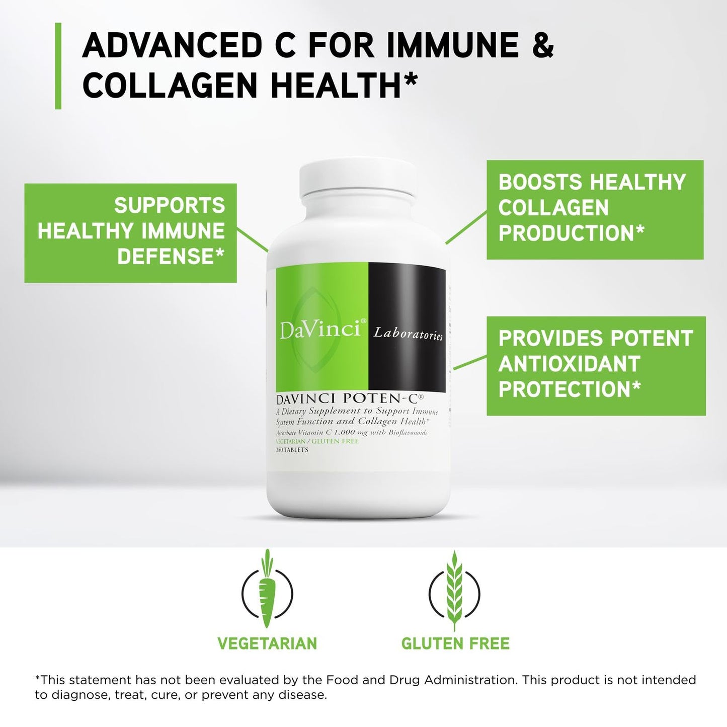 DAVINCI Poten-C Immune Support & Collagen Health, Vitamin C, Calcium, Magnesium, Zinc, Potassium, Manganese & Bioflavonoids, Vegetarian, Gluten-Free, 250 Tablets