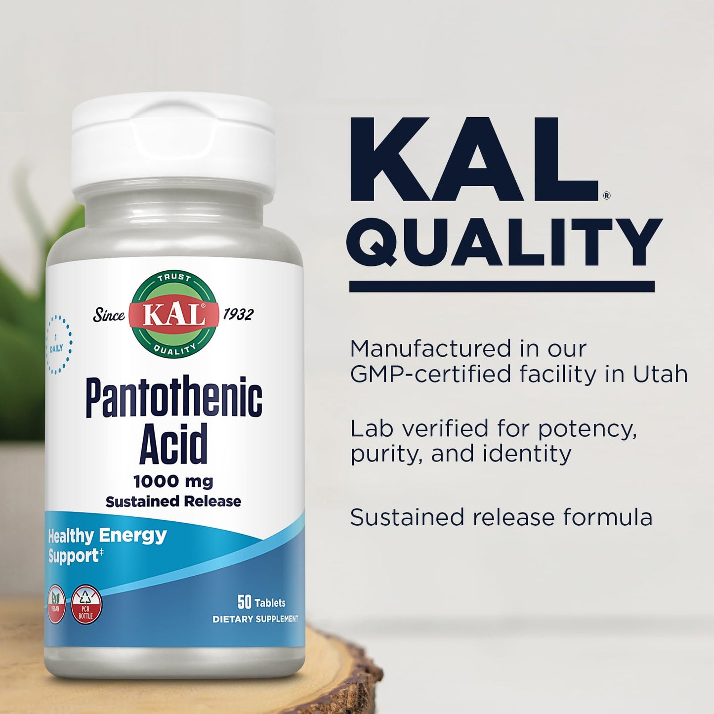 KAL Pantothenic Acid 1000mg Sustained Release Vitamin B5 Tablet, 50 Tablets
