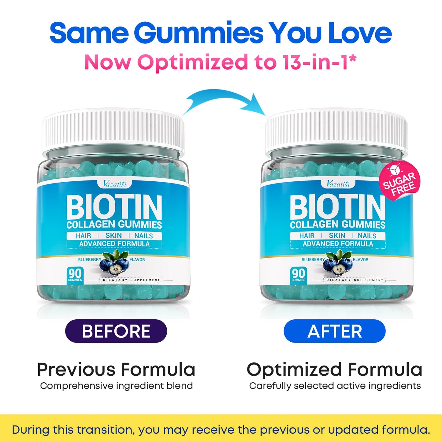 Vazatisi Biotin Gummies 15,000 mcg with Collagen & Keratin – 13-in-1 Hair Skin & Nails Gummies for Women & Men, Hair Growth, Sugar Free Non-GMO, Blueberry, 180 Gummies