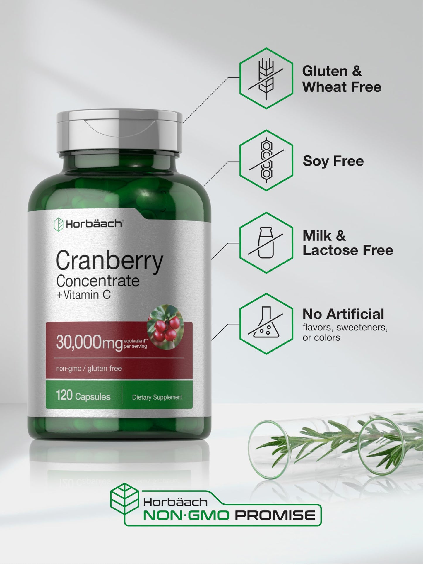 Horbäach Cranberry Concentrate Extract with Vitamin C Capsules, 120 Count