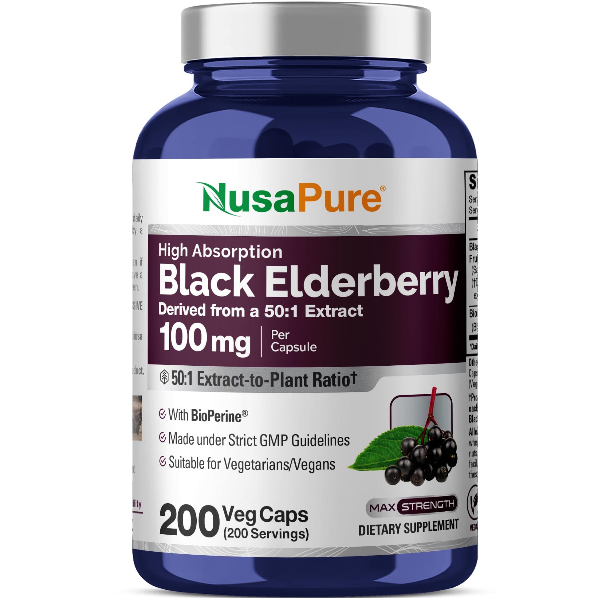 NusaPure Black Elderberry Capsules, 200 Capsules