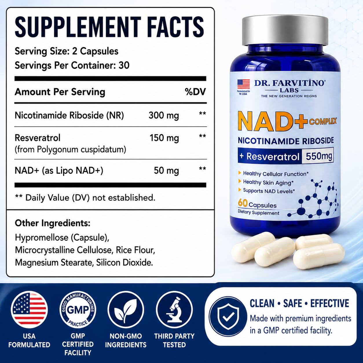 DR. FARVITINO LABS NAD+ Supplement 550mg NextGen Liposomal NAD+ + Trans-Resveratrol 60 Vegan Capsules
