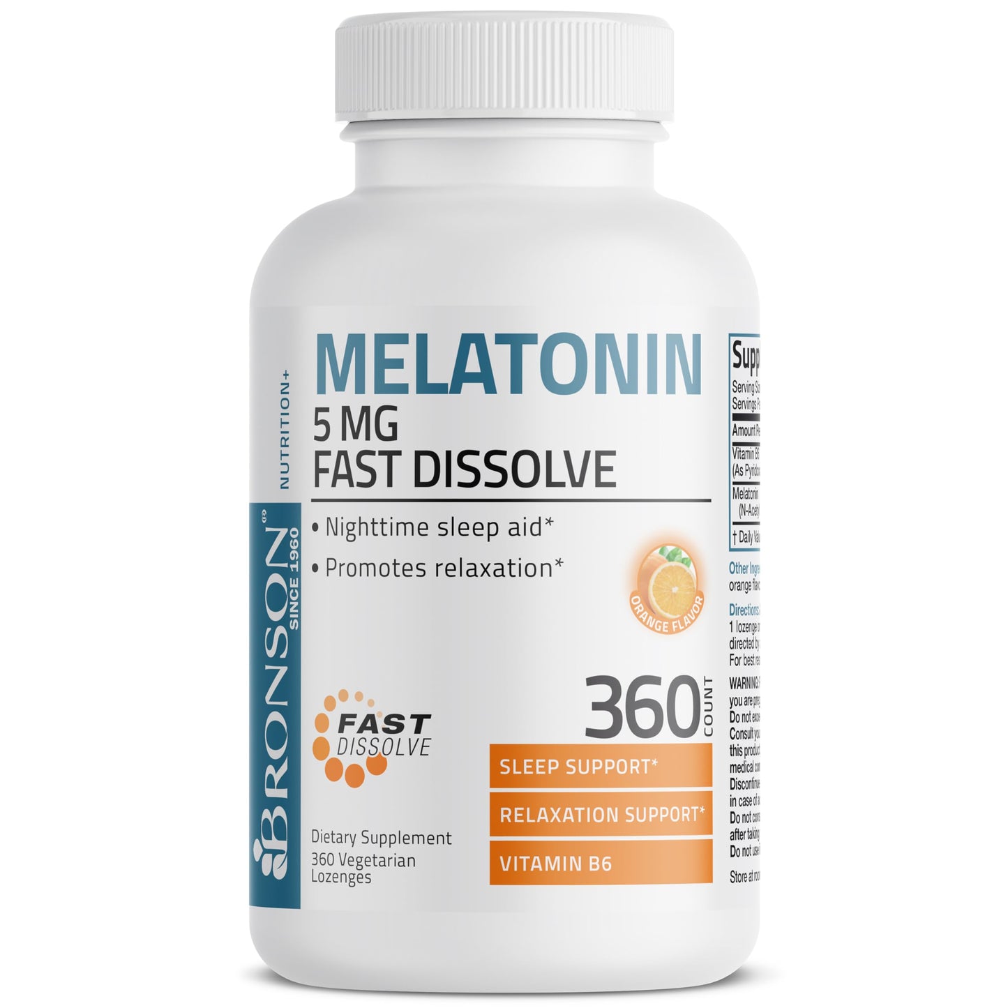 Bronson Melatonin Lozenge 5 mg Fast Dissolve Orange Flavor with Vitamin B6, 360 Lozenges