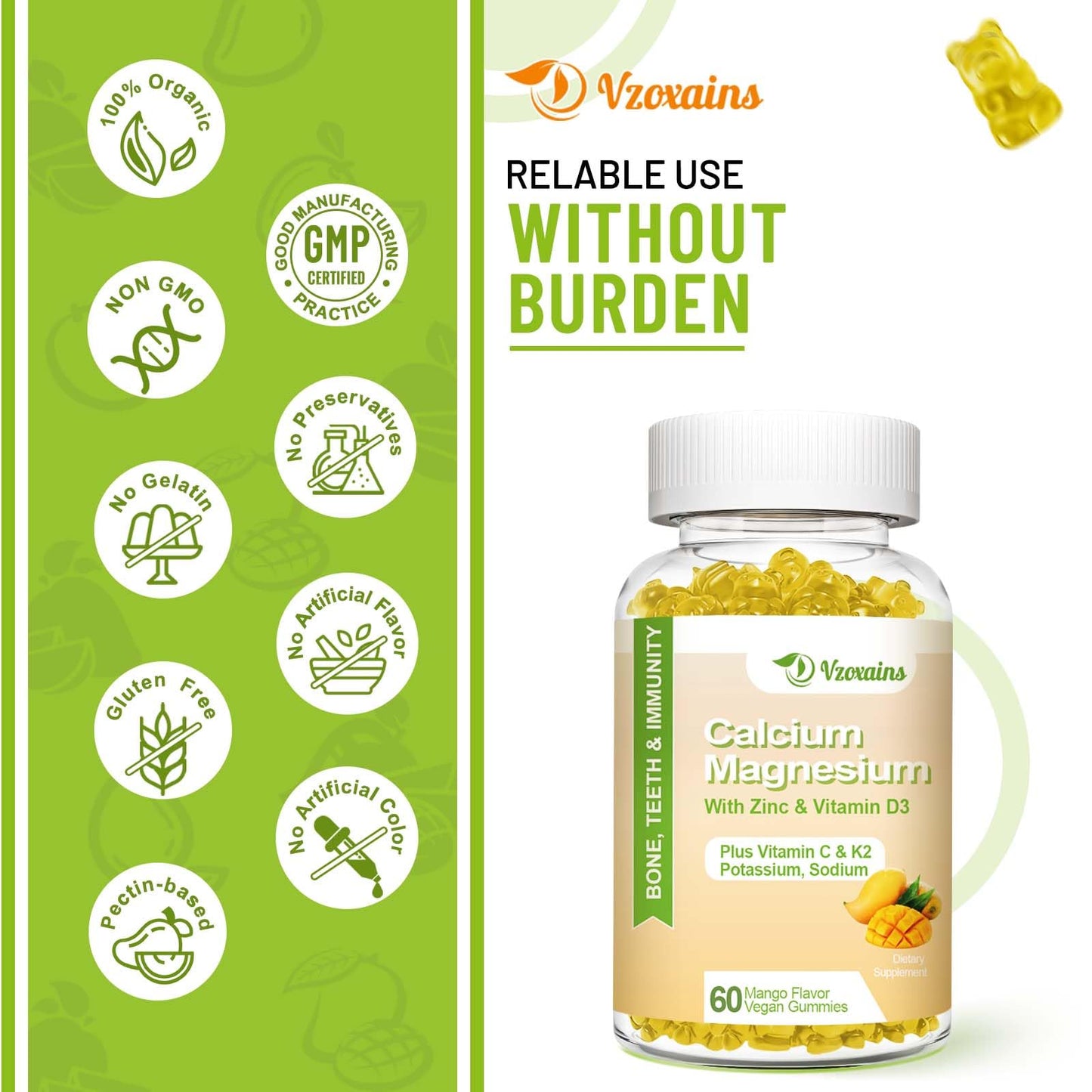 VZOXAINS Calcium Gummies with Magnesium Glycinate, Zinc, Potassium & Vitamin D3, 120 Gummies