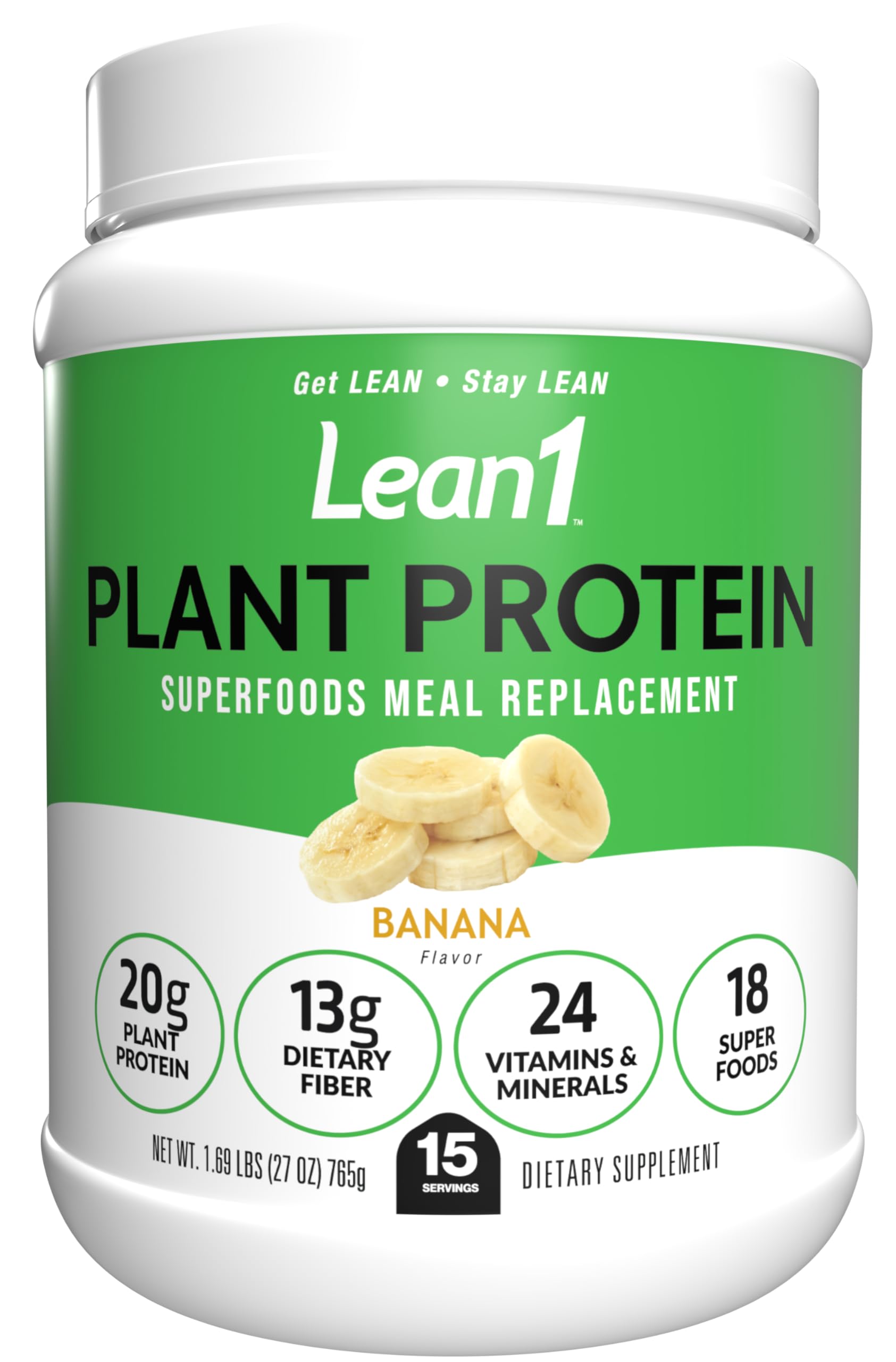 LEAN1 Plant-Based Protein Powder Banana Flavor Meal Replacement 27 Servings