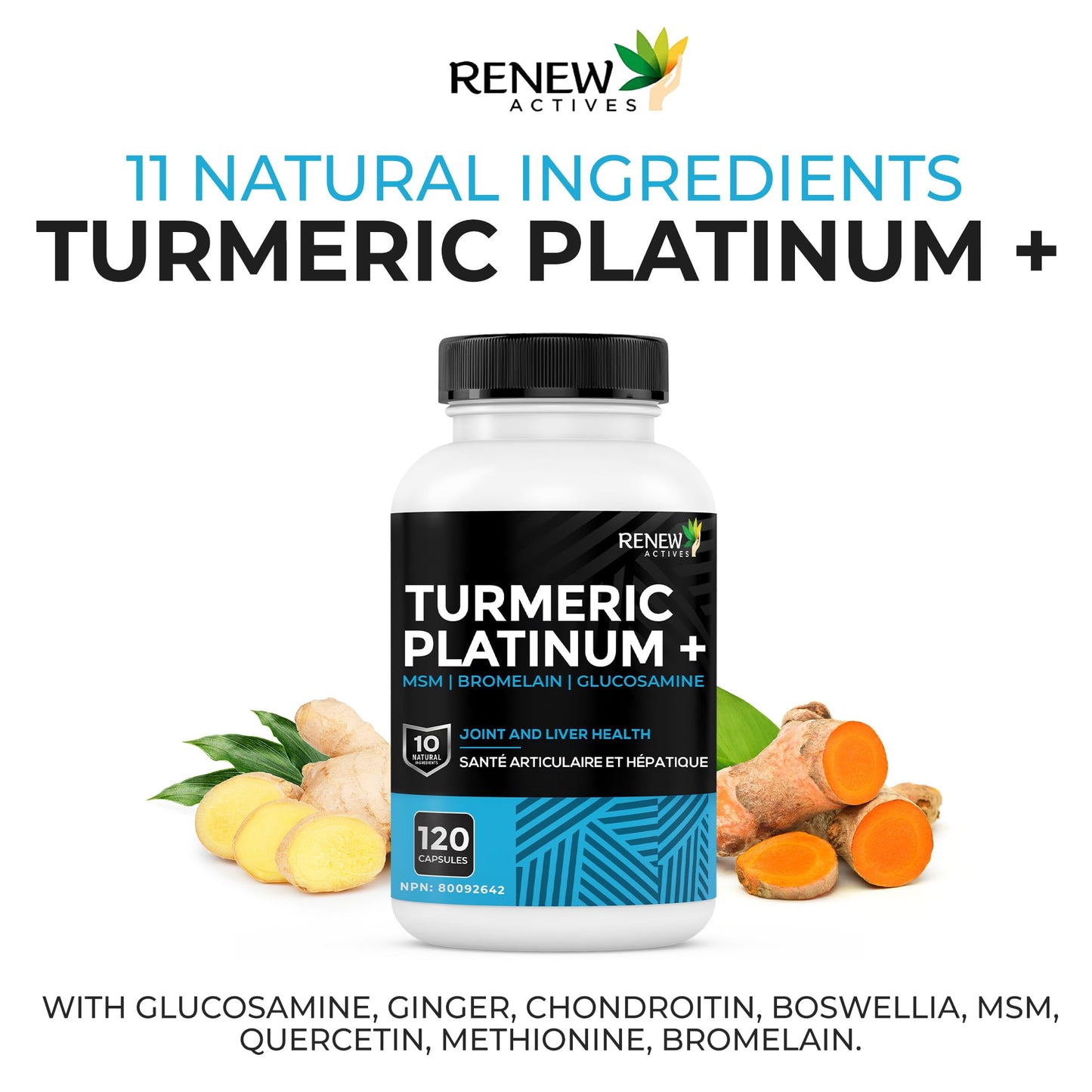 Renew Actives Turmeric Platinum 1350MG per 3 Capsules with Black Pepper & Ginger, 120 Capsules
