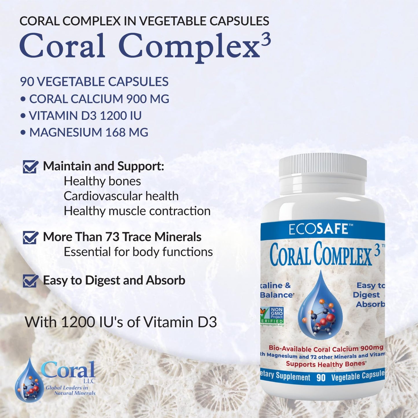 Coral White Coral Complex 3 Calcium Supplement with Vitamin D3 & Magnesium, 900 mg Bioavailable Coral Calcium, Non-GMO, 90 Capsules