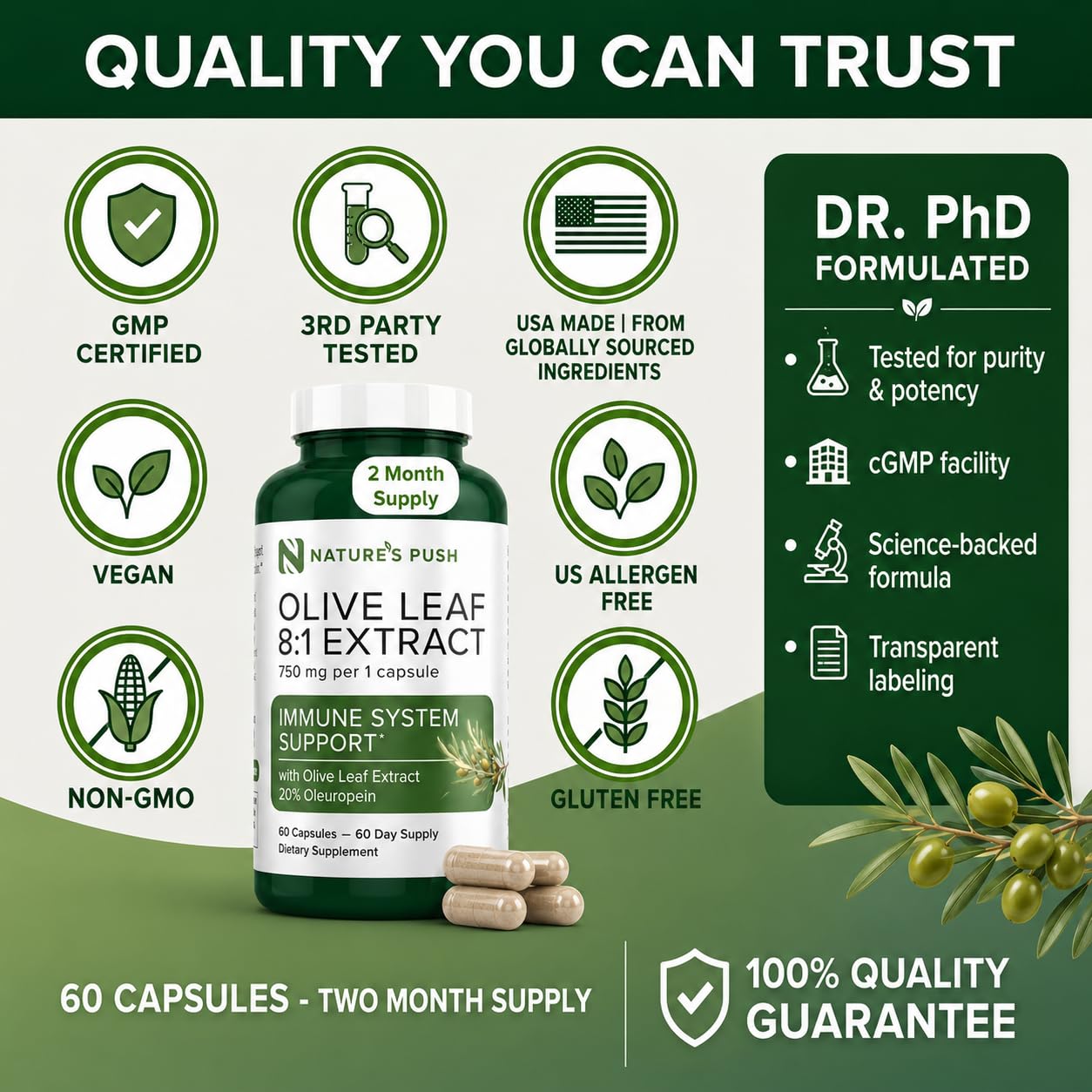 Nature's Push Super Potent 750mg Capsule with Olive Leaf 8:1 Extract 20% Oleuropein for Immune System, Skin, and Heart Health Support, Vegan, Non-GMO, USA cGMP Gluten Free, 60 Capsules