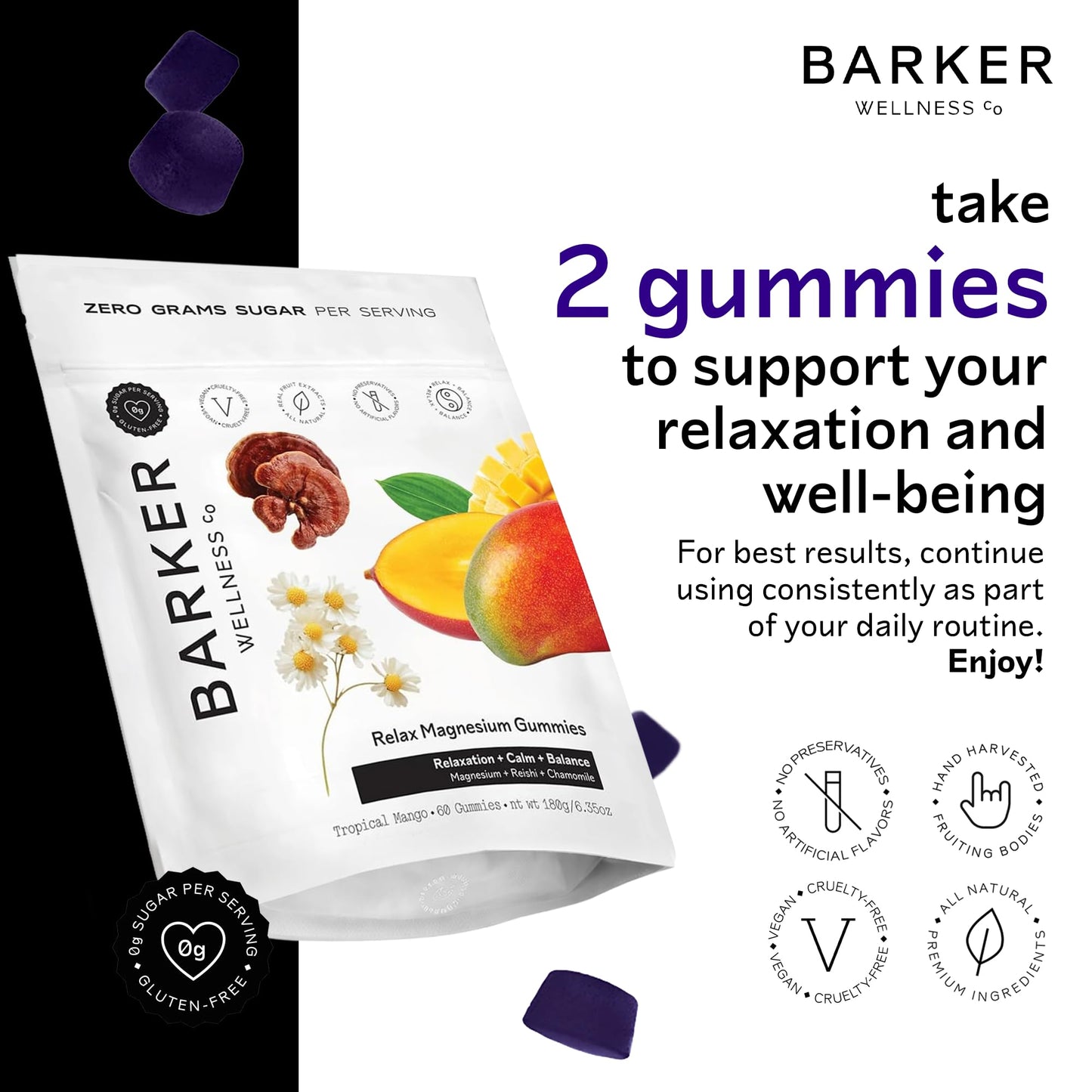 Barker Wellness Co Magnesium Gummies for Calm & Relaxation – Reishi, 60 Gummies