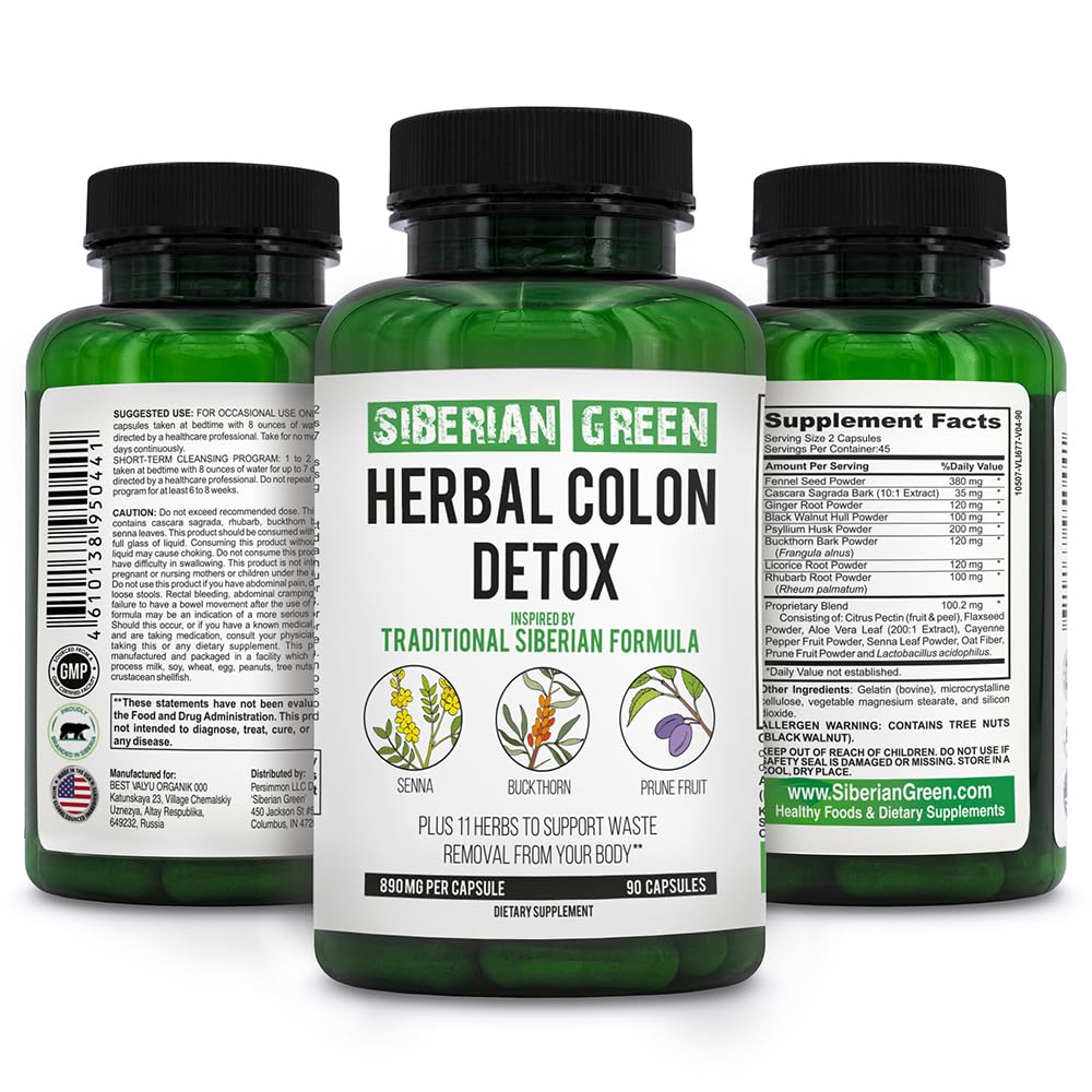 Siberian Green Herbal Colon Detox with Senna Buckthorn Prune Fruit 90 Capsules