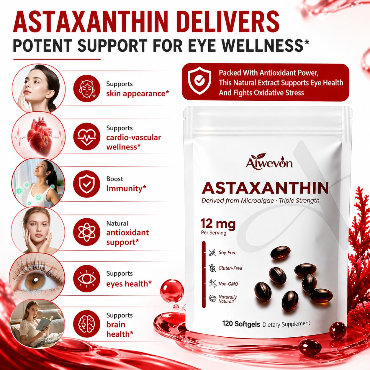 Aiwevon Natural Astaxanthin 12mg Softgels, 120 Count