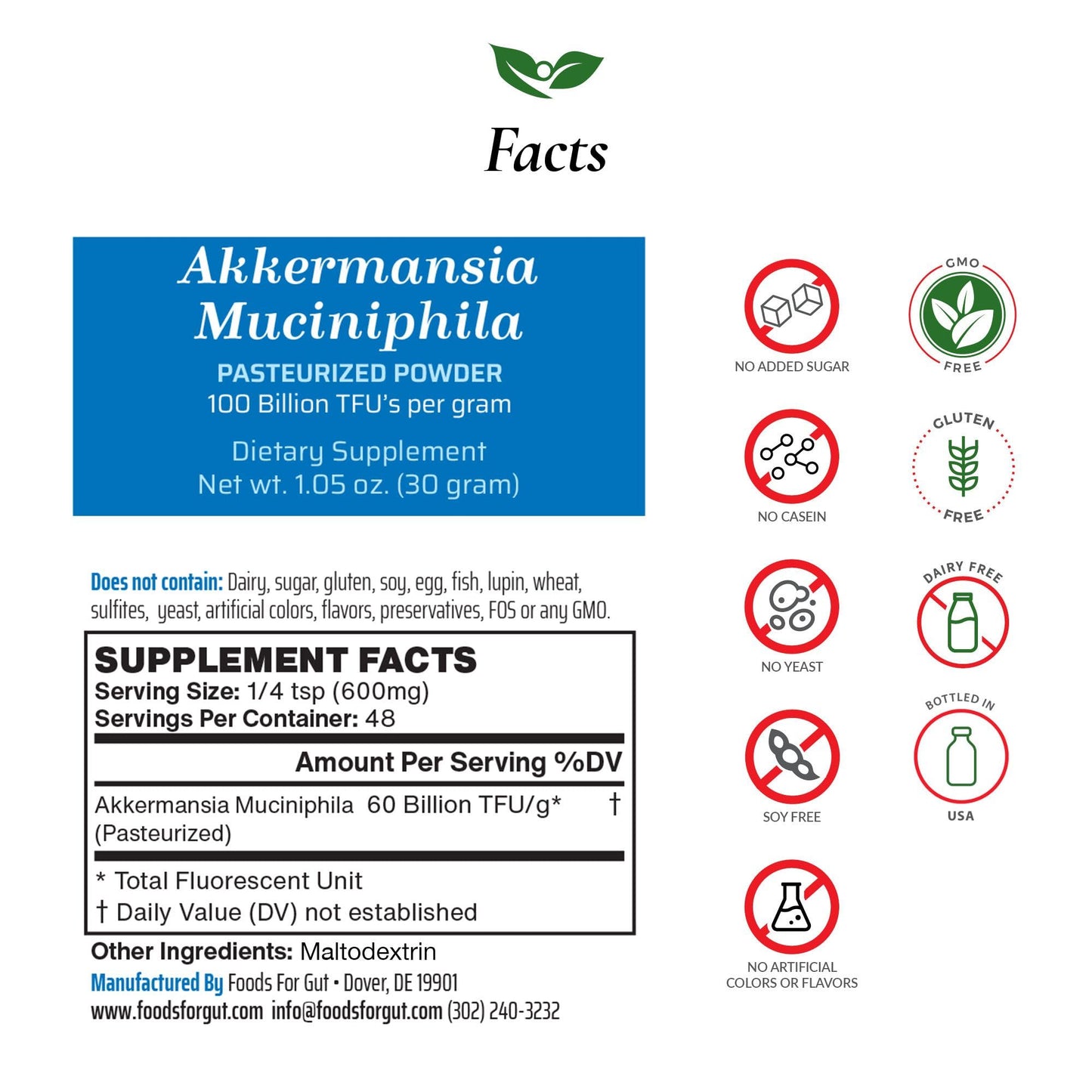 Foods For Gut Akkermansia Muciniphila Pasteurized Powder 1.05 oz
