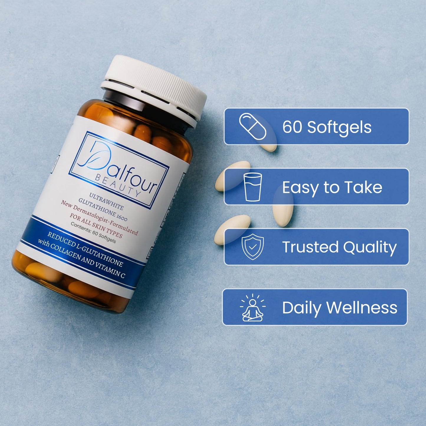 Dalfour Beauty Ultra Glutathione Capsules With Hydrolyzed Collagen & Vitamin C – 1600mg Reduced L-Glutathione Per Serving, 30 Capsules
