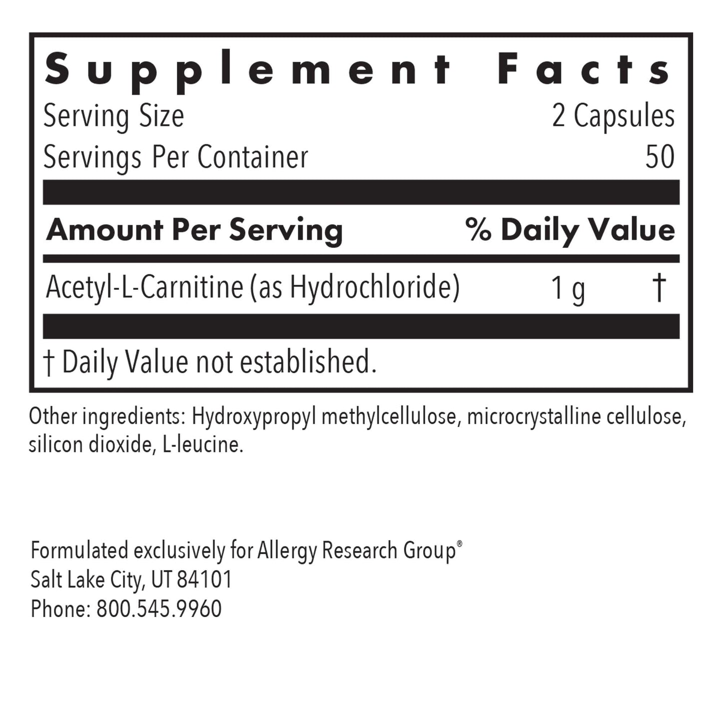 Allergy Research Group Acetyl L-Carnitine 500 mg Capsules, 100 Count