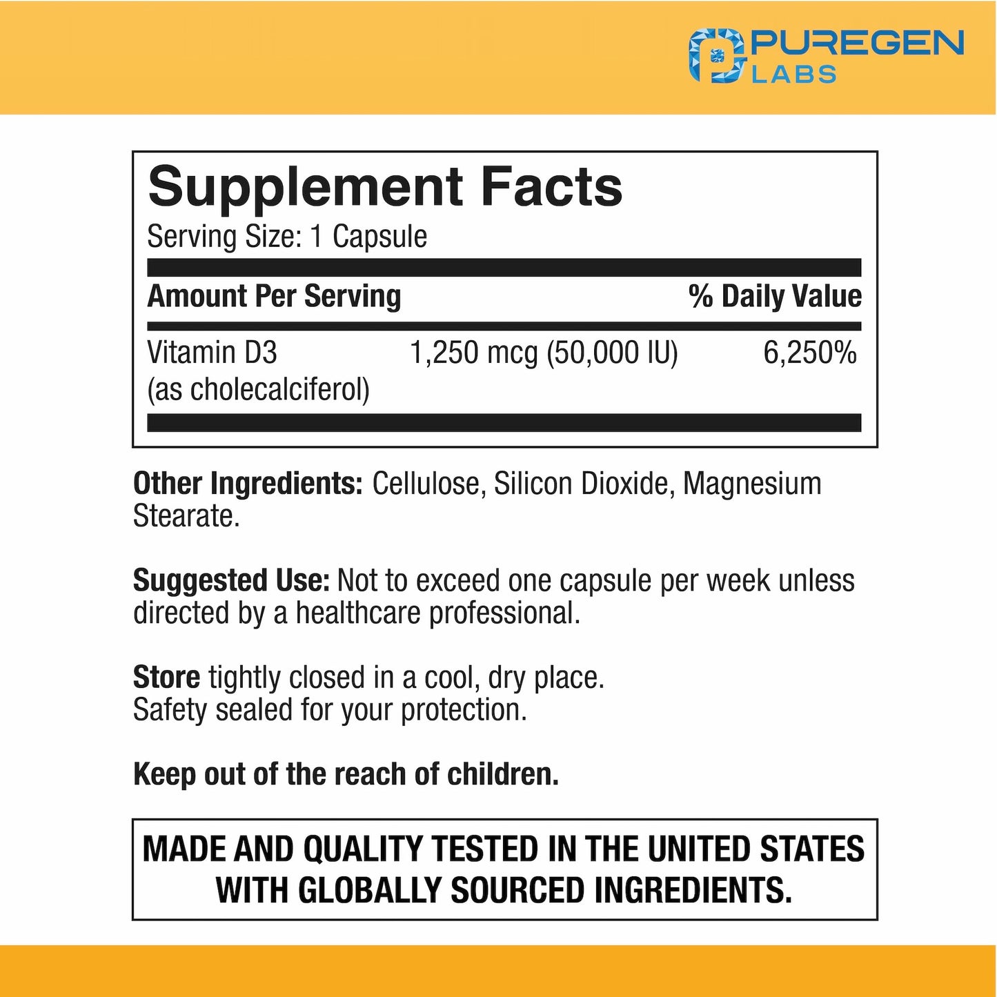 P Puregen Labs Vitamin D3 50,000 IU (1250 mcg) Capsules, 100 Count