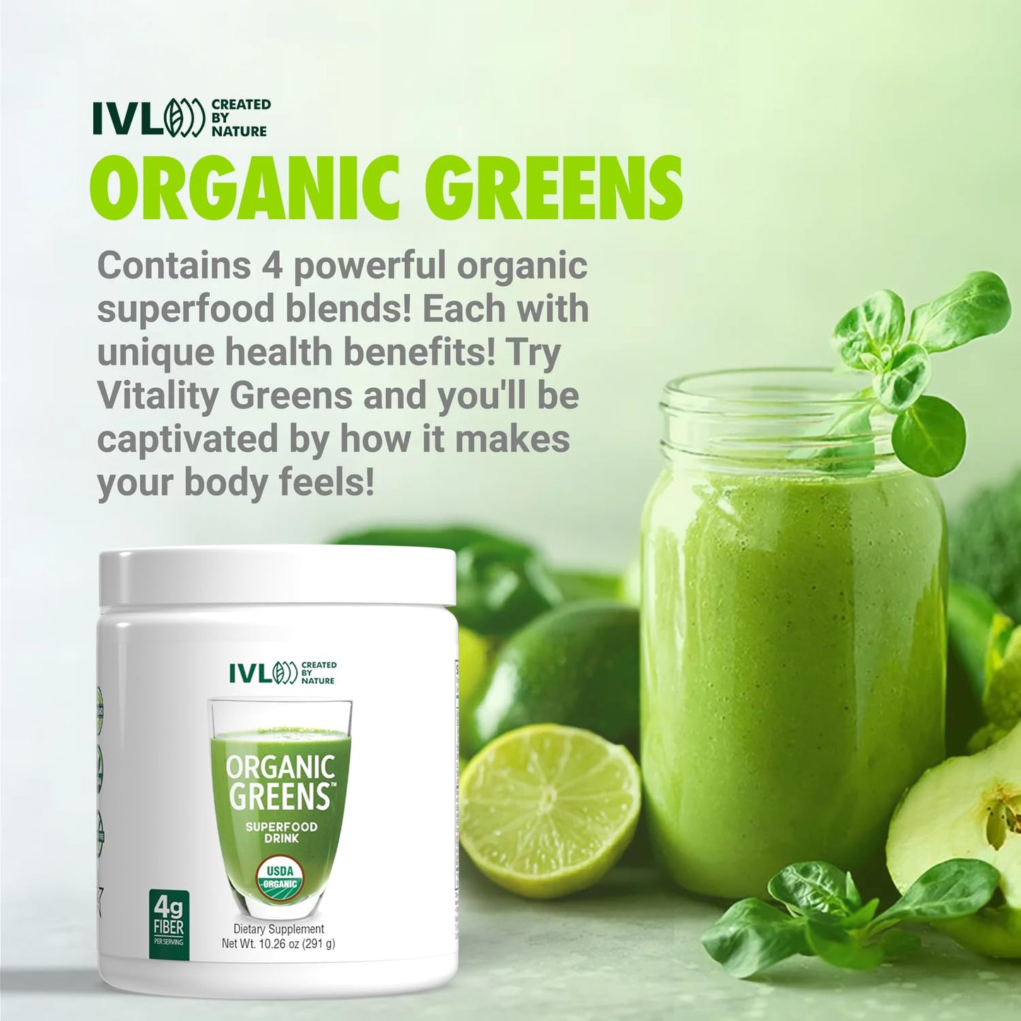 IVL Organic Greens Powder 10.26 oz, 30 Servings