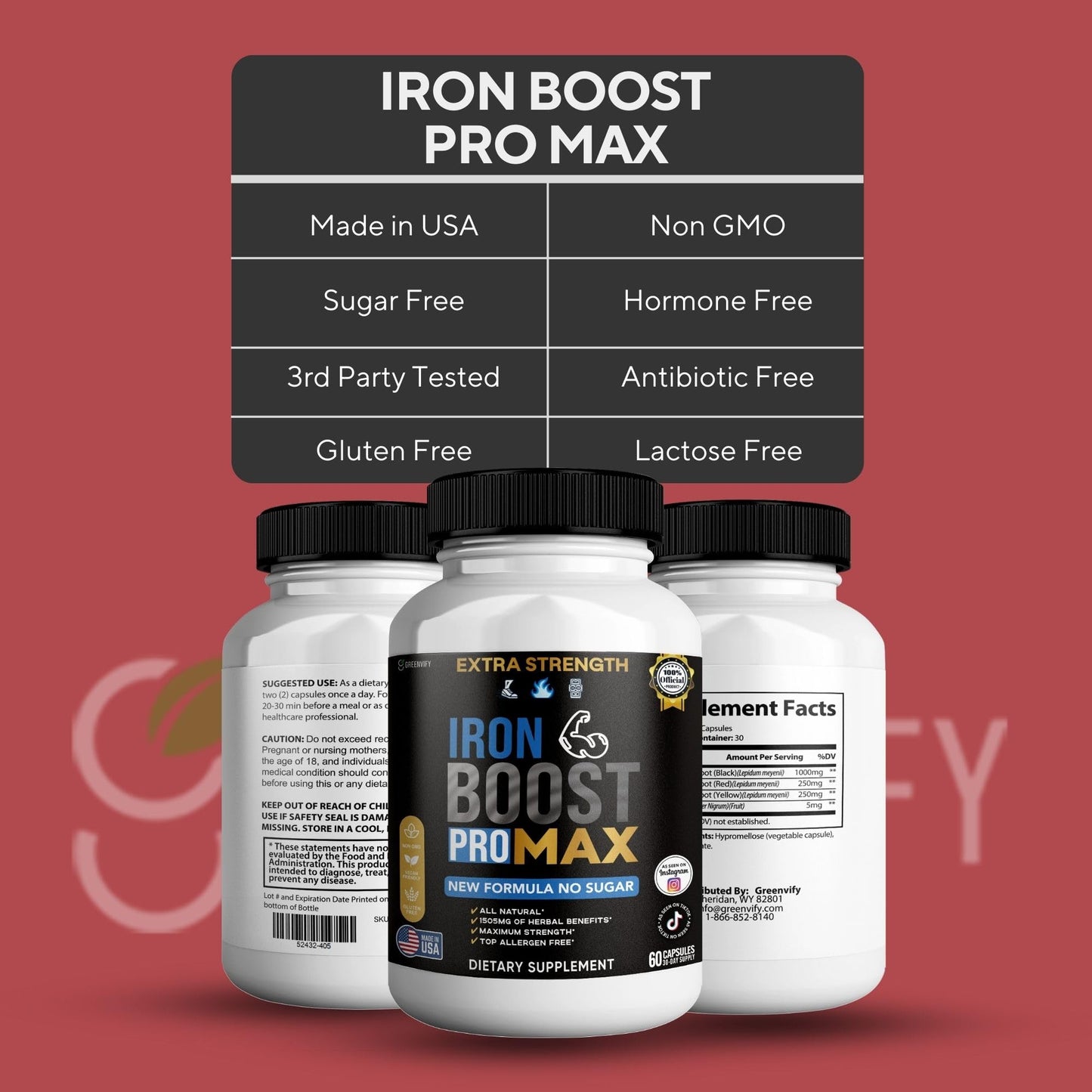 GREENVIFY Iron Boost Pro Max Extra Strength Dietary Supplement Organic Maca Root Blend Capsules, 60 Count