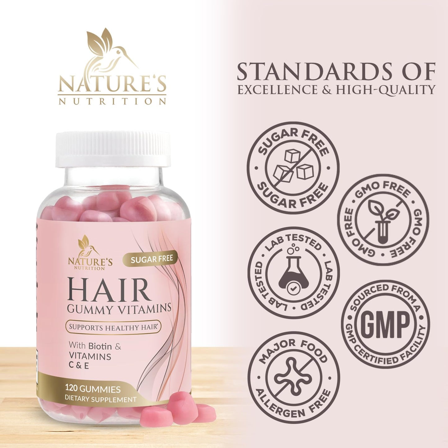 Nature's Nutrition Biotin Hair Vitamins Gummies - 5000 mcg Biotin per Serving, Sugar Free, Vegetarian, 120 Gummies